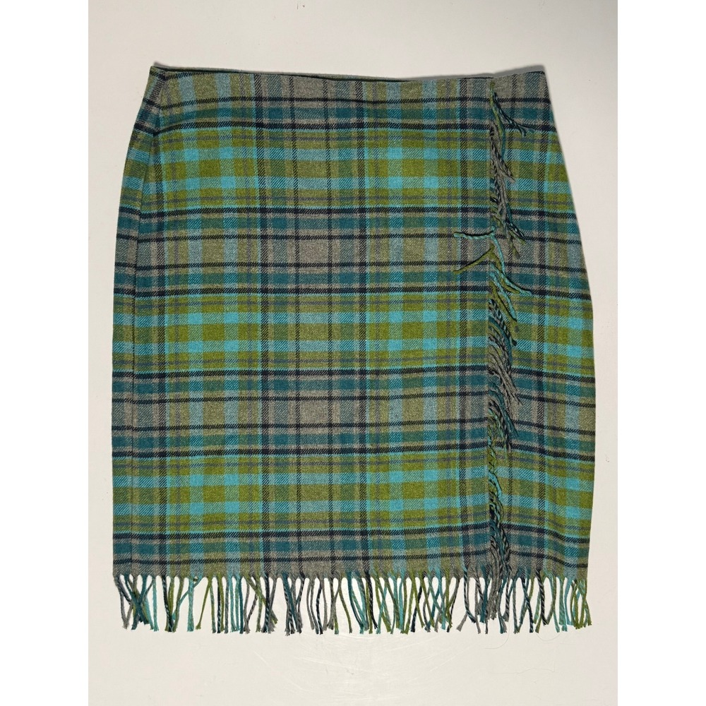 J.Jill Plaid Fringed Pencil Skirt Blue Green Wool Blend 18 Petite